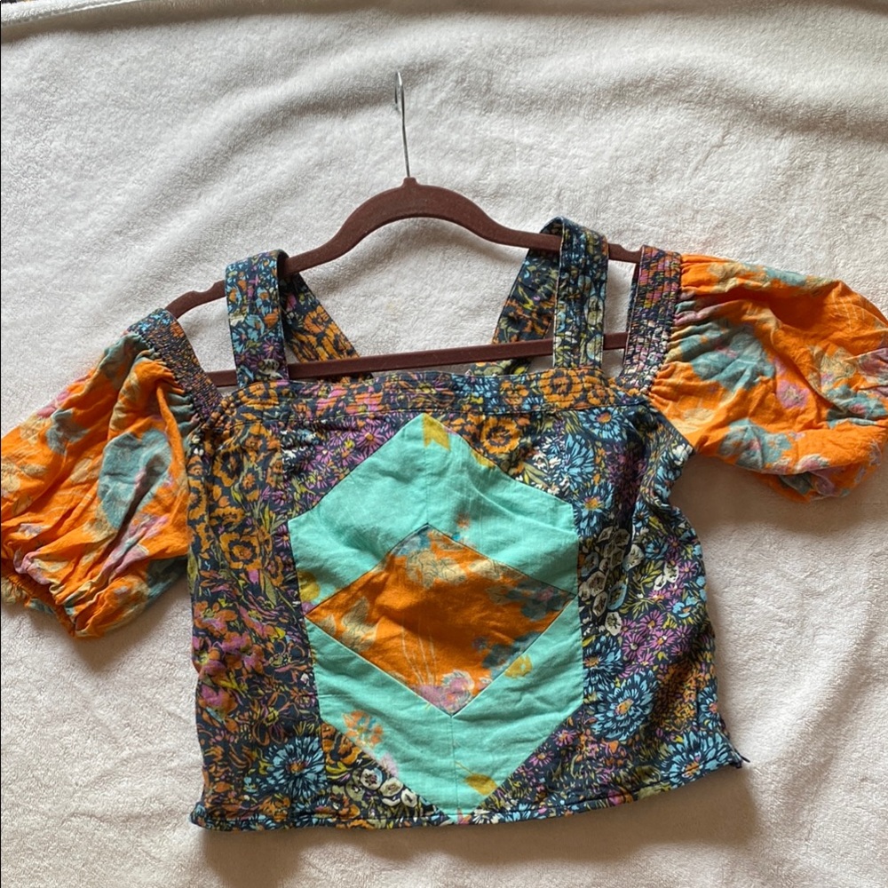 Anthropologie - Love the Label Colorful Patchwork Off the Shoulder Crop Top - Picture 5 of 10